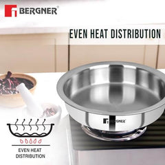 Bergner Argent TriPly Stainless Steel 24 cm Kadai with Lid - 2.6L Premium Cooking Pan