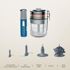Brewine USB Rechargeable Cordless Vegetable Chopper 400ml Glass Bowl | Mini Food Processor with Garlic Peeler | 3 Bowls Included