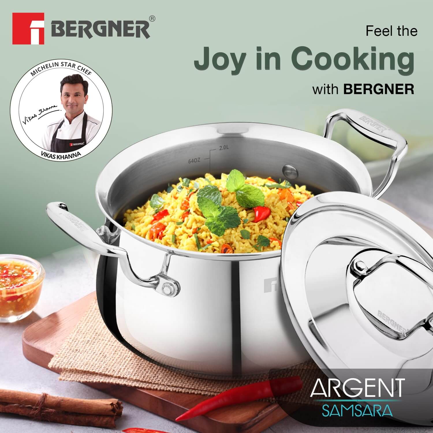 Bergner Argent Samsara Triply Stainless Steel Biryani Handi with Lid - Induction Compatible Cookware
