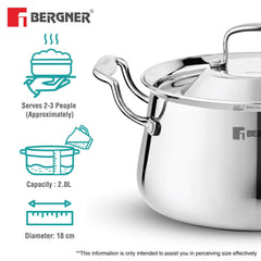 Bergner Argent Samsara Triply Stainless Steel Biryani Handi with Lid - Induction Compatible Cookware