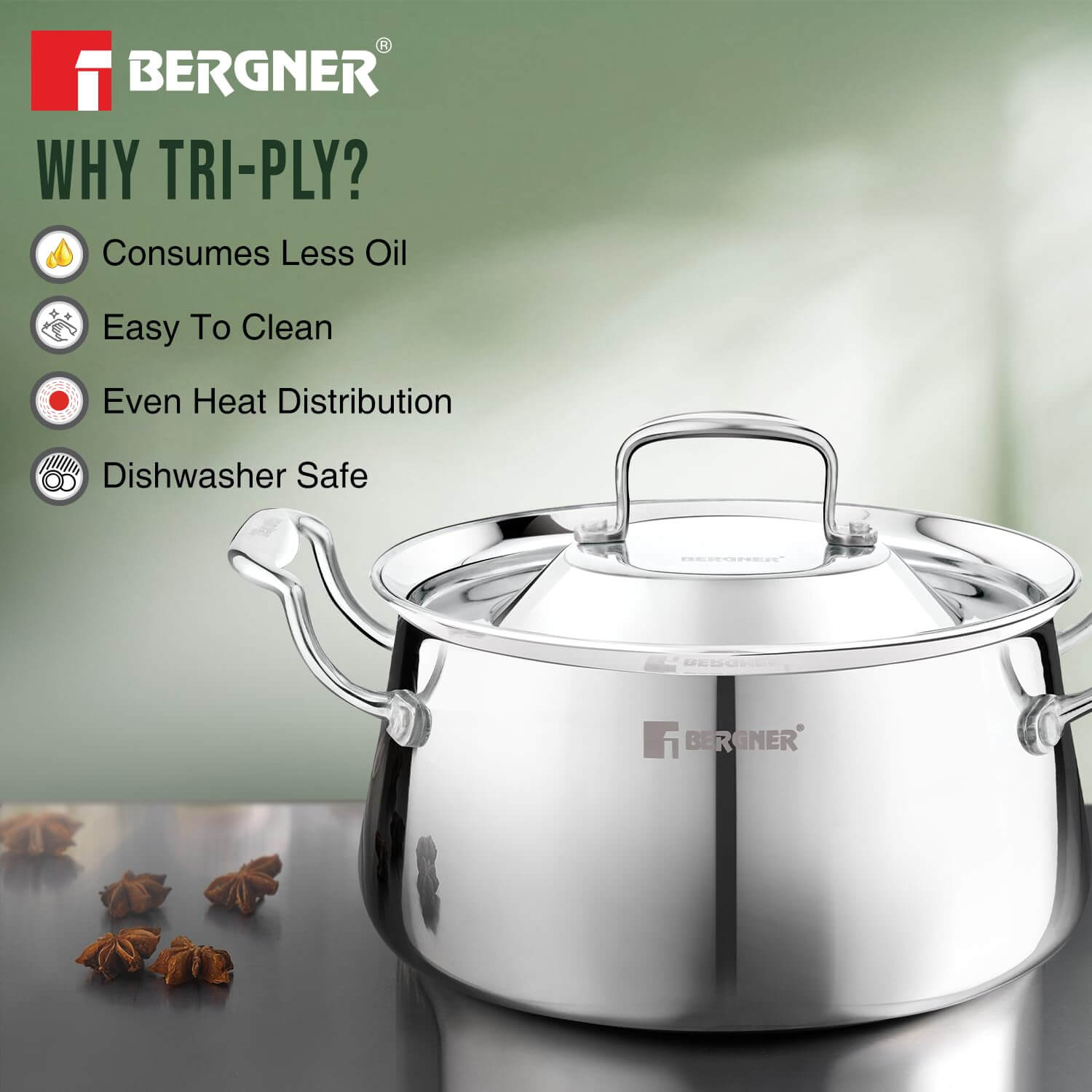 Bergner Argent Samsara Triply Stainless Steel Biryani Handi with Lid - Induction Compatible Cookware