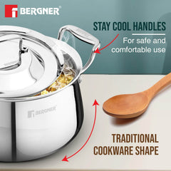 Bergner Argent Samsara Triply Stainless Steel Biryani Handi with Lid - Induction Compatible Cookware