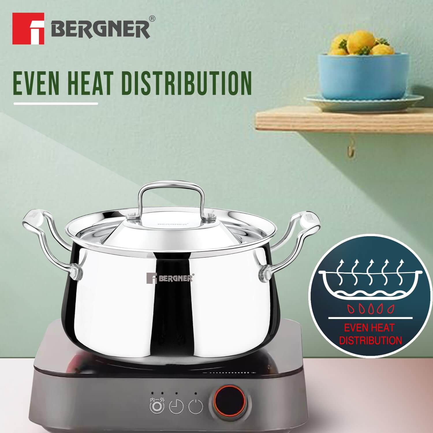 Bergner Argent Samsara Triply Stainless Steel Biryani Handi with Lid - Induction Compatible Cookware