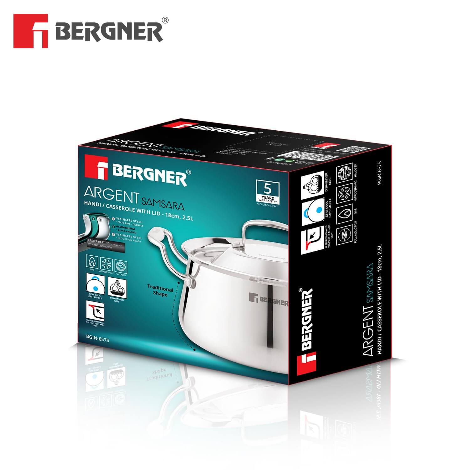 Bergner Argent Samsara Triply Stainless Steel Biryani Handi with Lid - Induction Compatible Cookware