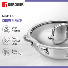 Bergner BE Essentials Tri-Ply Stainless Steel Kadai with Glass Lid | Induction Compatible | 5-Year Warranty