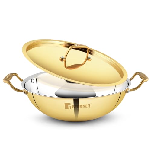 BERGNER Peetlam Kadai with Lid, Brass Kadai with Tin (Kalai) Coated, Healthy Cooking, Traditional Kadhai with Ergonomic PVD Gold Handle