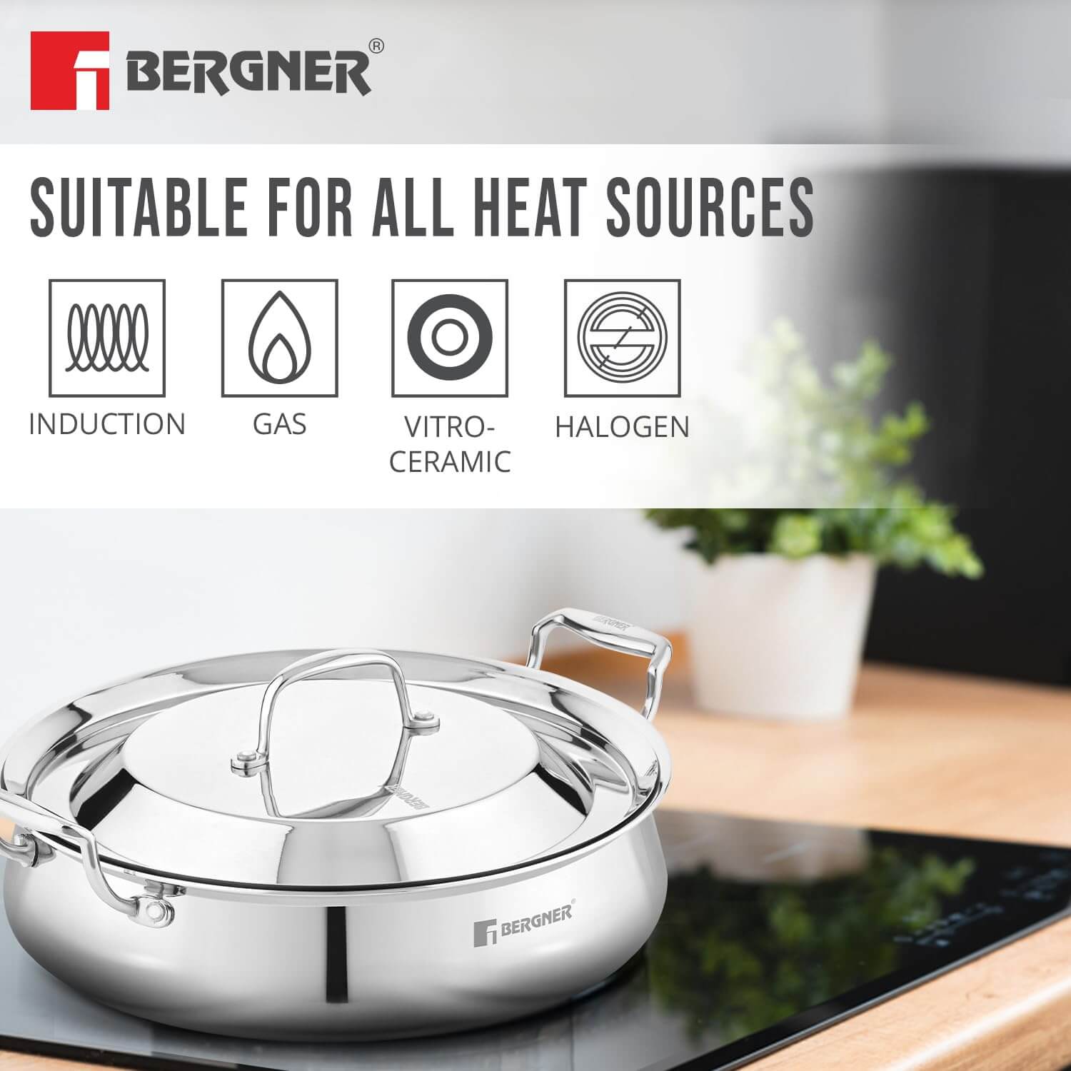 Bergner Argent Samsara Triply Stainless Steel Biryani Handi with Lid - Induction Compatible Cookware