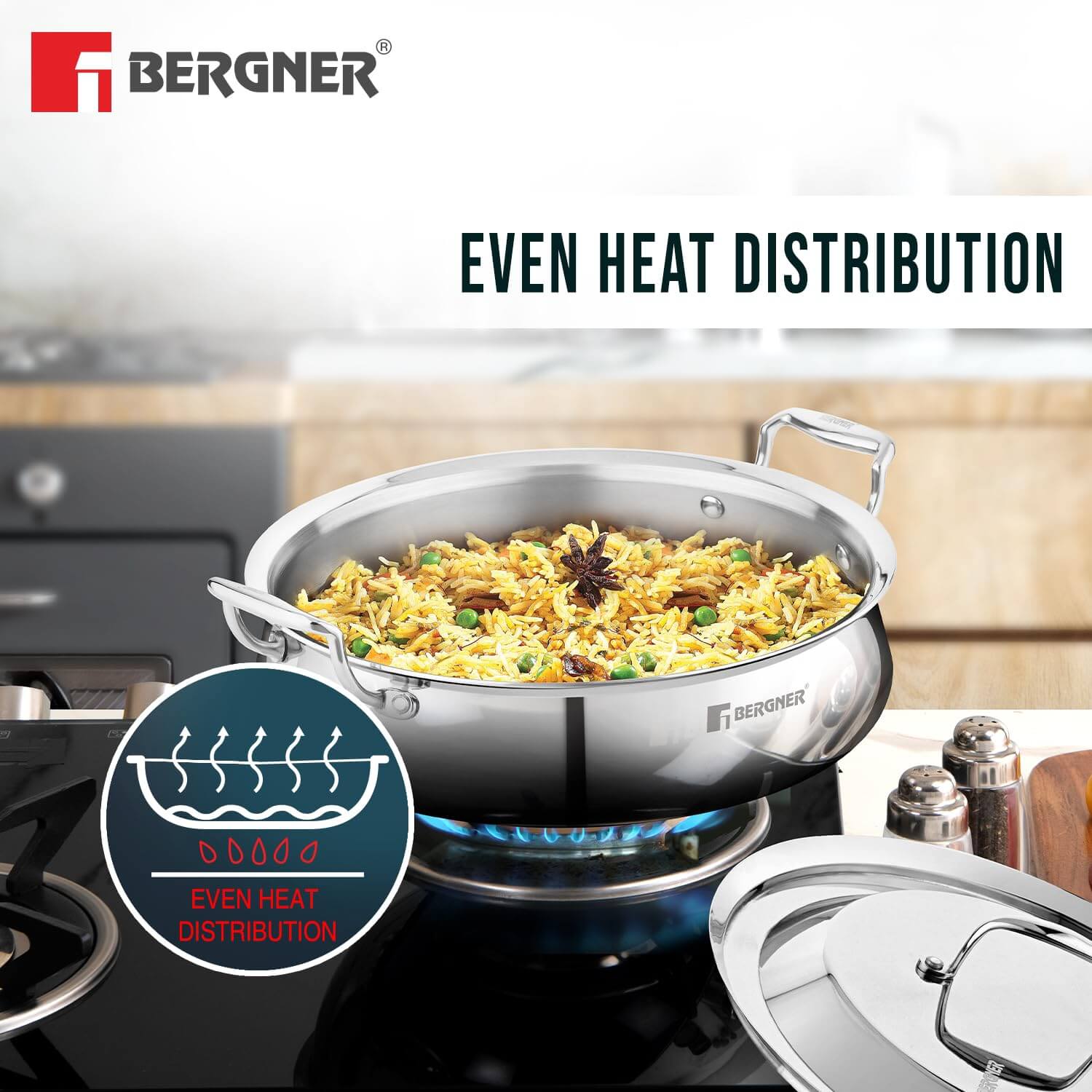 Bergner Argent Samsara Triply Stainless Steel Biryani Handi with Lid - Induction Compatible Cookware