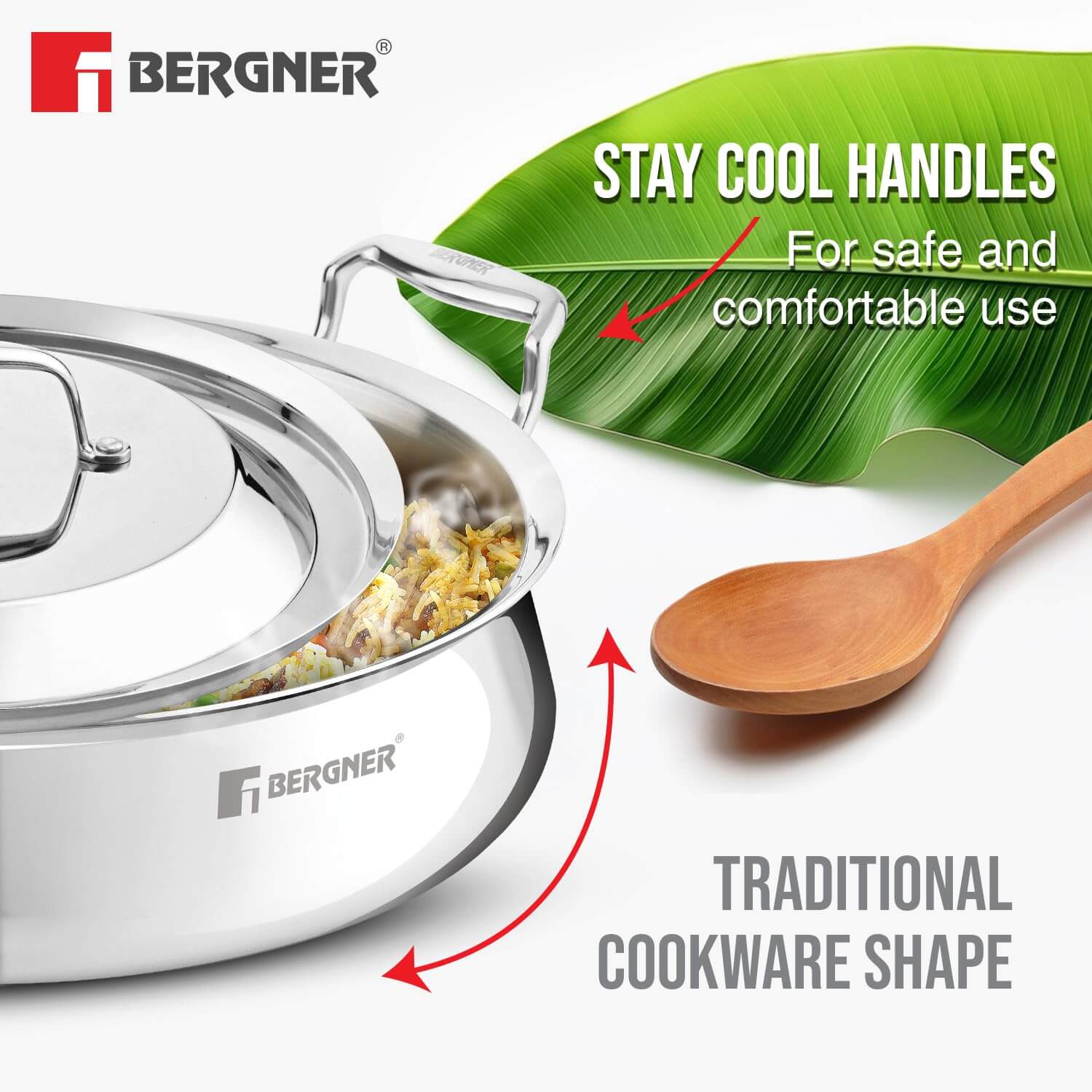 Bergner Argent Samsara Triply Stainless Steel Biryani Handi with Lid - Induction Compatible Cookware