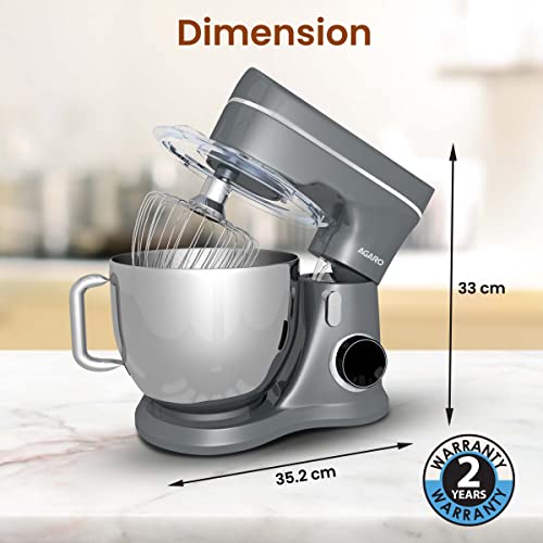 AGARO Elegant Stand Mixer, 1400W with 5.5L SS Bowl, 10 Speed Settings, Pulse Function, 100% Copper Motor, Includes Whisker, Beater, Dough Hook, Dark Grey