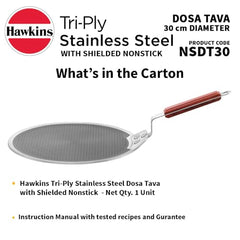 Hawkins 30cm Triply Nonstick Dosa Tava with Rosewood Handle - NSDT30 Induction Compatible