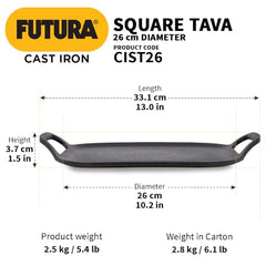 Hawkins Futura 26 cm Cast Iron Square Tava, Cast Iron Tawa for Pathri, Cast Iron Cookware for Kitchen (CIST26)