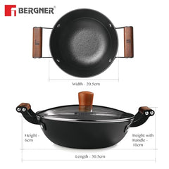 Bergner Odin 20 cm Cast Iron Kadai/Kadhai with Glass Lid, 1.4 L Capacity