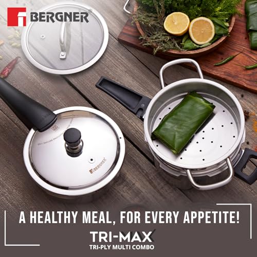 Bergner Tri-Max TriPly Pressure Cooker Combo 5L+3L with 20cm Steamer
