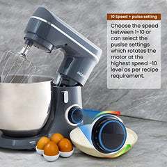 AGARO Elegant Stand Mixer, 1400W with 5.5L SS Bowl, 10 Speed Settings, Pulse Function, 100% Copper Motor, Includes Whisker, Beater, Dough Hook, Dark Grey