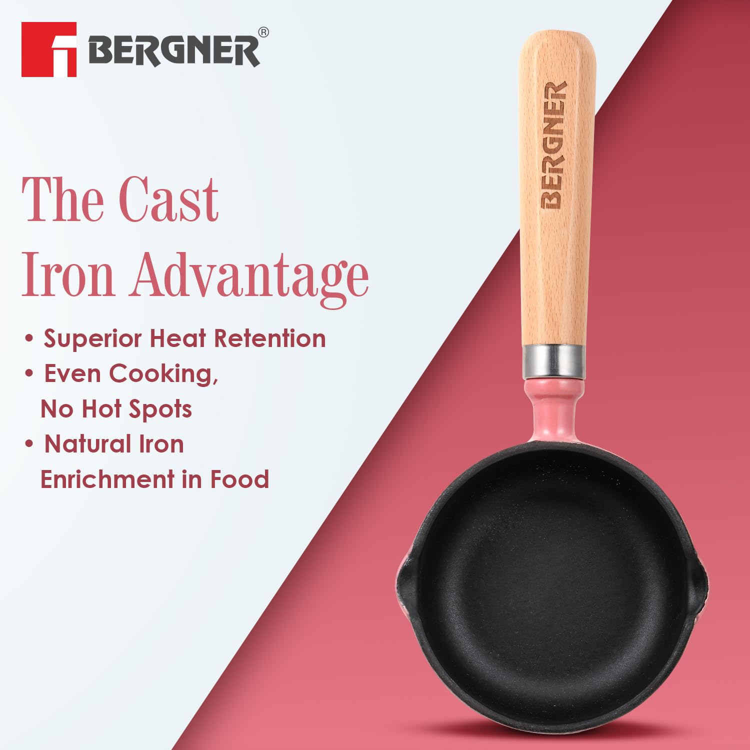 Bergner Excalibur Cast Iron Tadka Pan 12cm with Lid, Pink — PFAS-Free Vaghar Pan