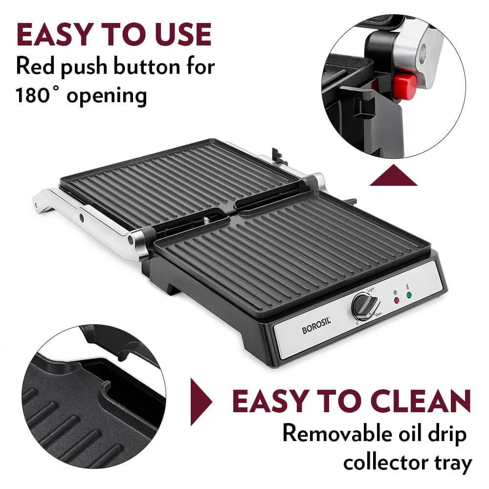 Borosil Super Jumbo 4-Sandwich Grill Maker 2000W Non-Stick Electric Toaster with 180° Opening