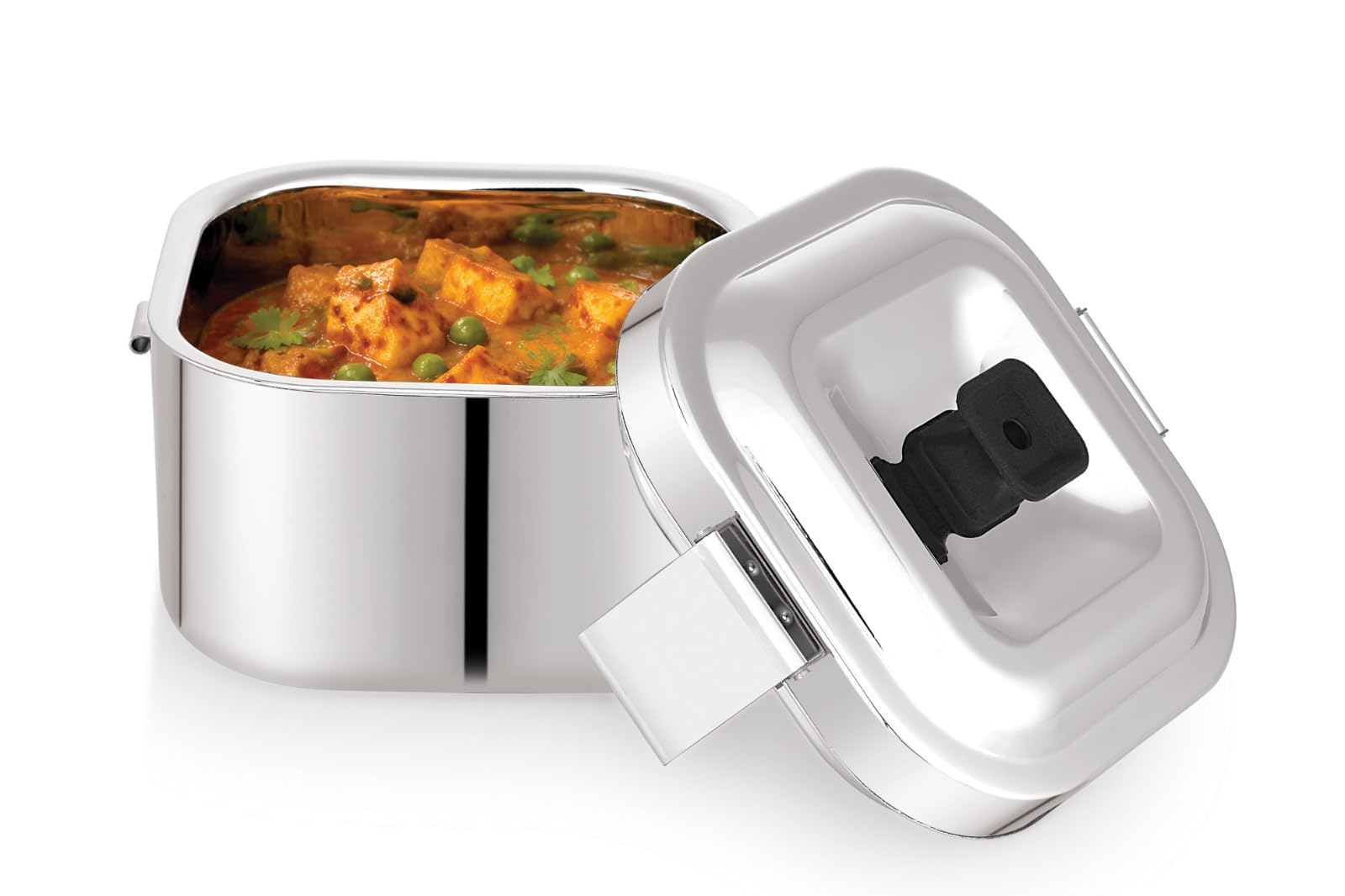 Coconut Cube Stainless Steel Insulated Hot Pot – Square Casserole with Clamp Lock Lid (Silver)