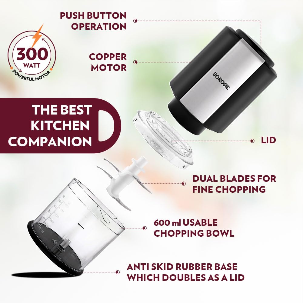 Borosil Chef Delite 300W Electric Chopper - Twin Blade, 600ml Bowl