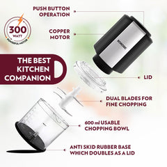 Borosil Chef Delite 300W Electric Chopper - Twin Blade, 600ml Bowl