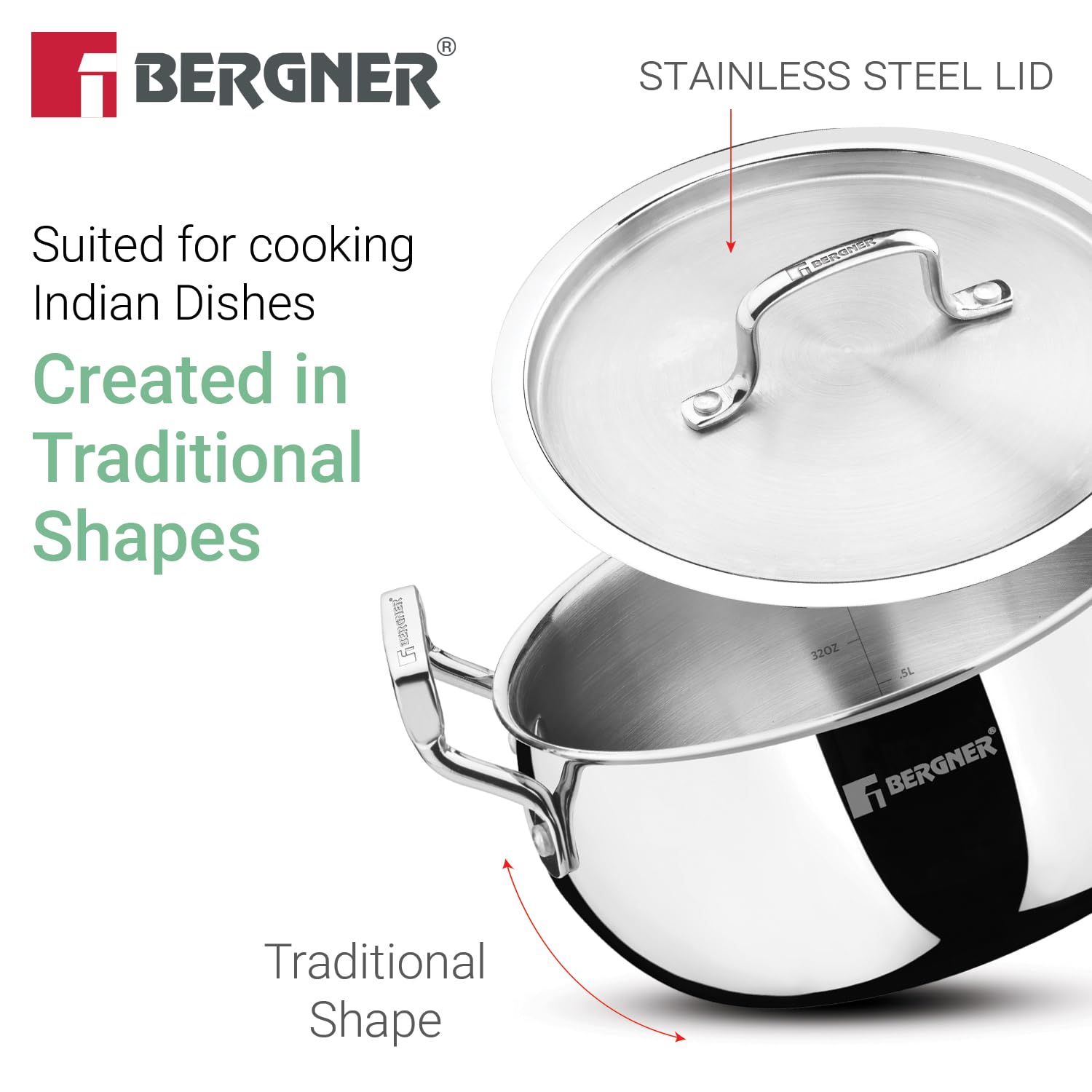 Bergner TriPro Triply Casserole Set 16cm, 18cm and 20cms (BGIN-6612)