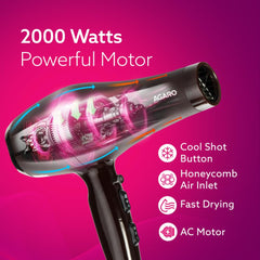 AGARO HD-1120 2000W Professional Hair Dryer with AC Motor, Cool Shot, Concentrator, Diffuser & Comb - Black