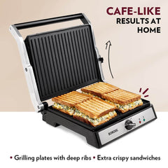 Borosil Super Jumbo 4-Sandwich Grill Maker 2000W Non-Stick Electric Toaster with 180° Opening