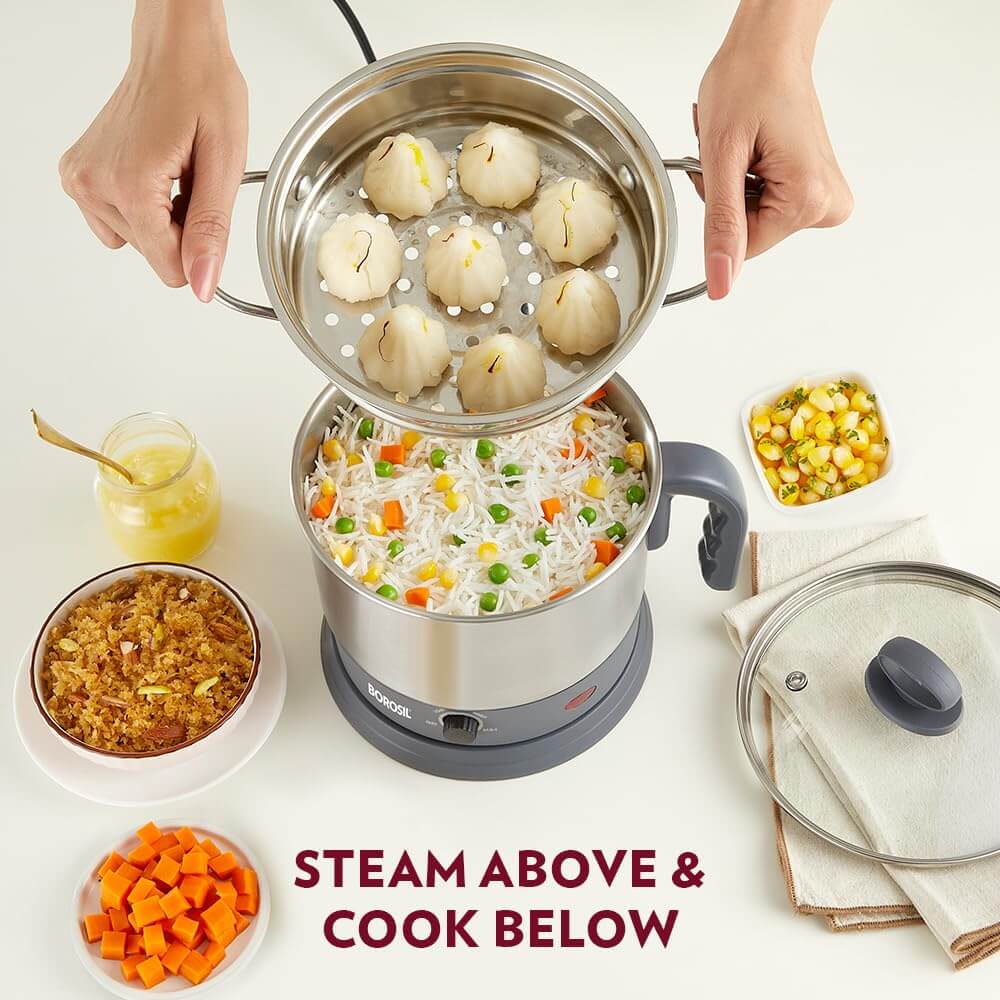 Borosil 1.3L Electric Multi Kettle with Egg Tray, Idli Stand & Steamer | 600W
