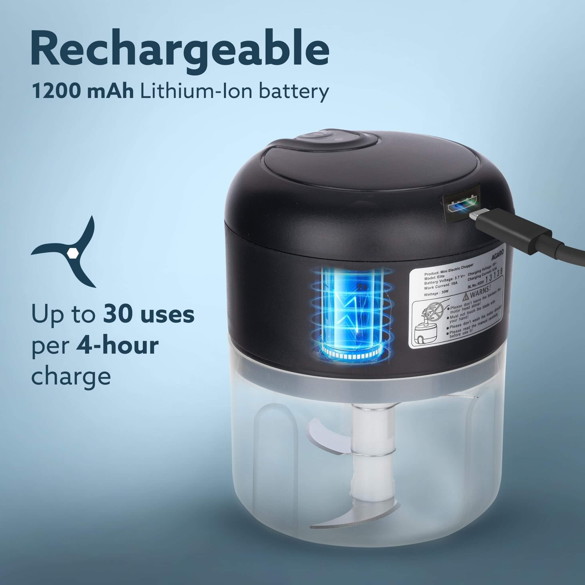 AGARO Elite Rechargeable Mini Electric Chopper | 250ml BPA-Free Food-Grade Bowl | Stainless Steel Blades