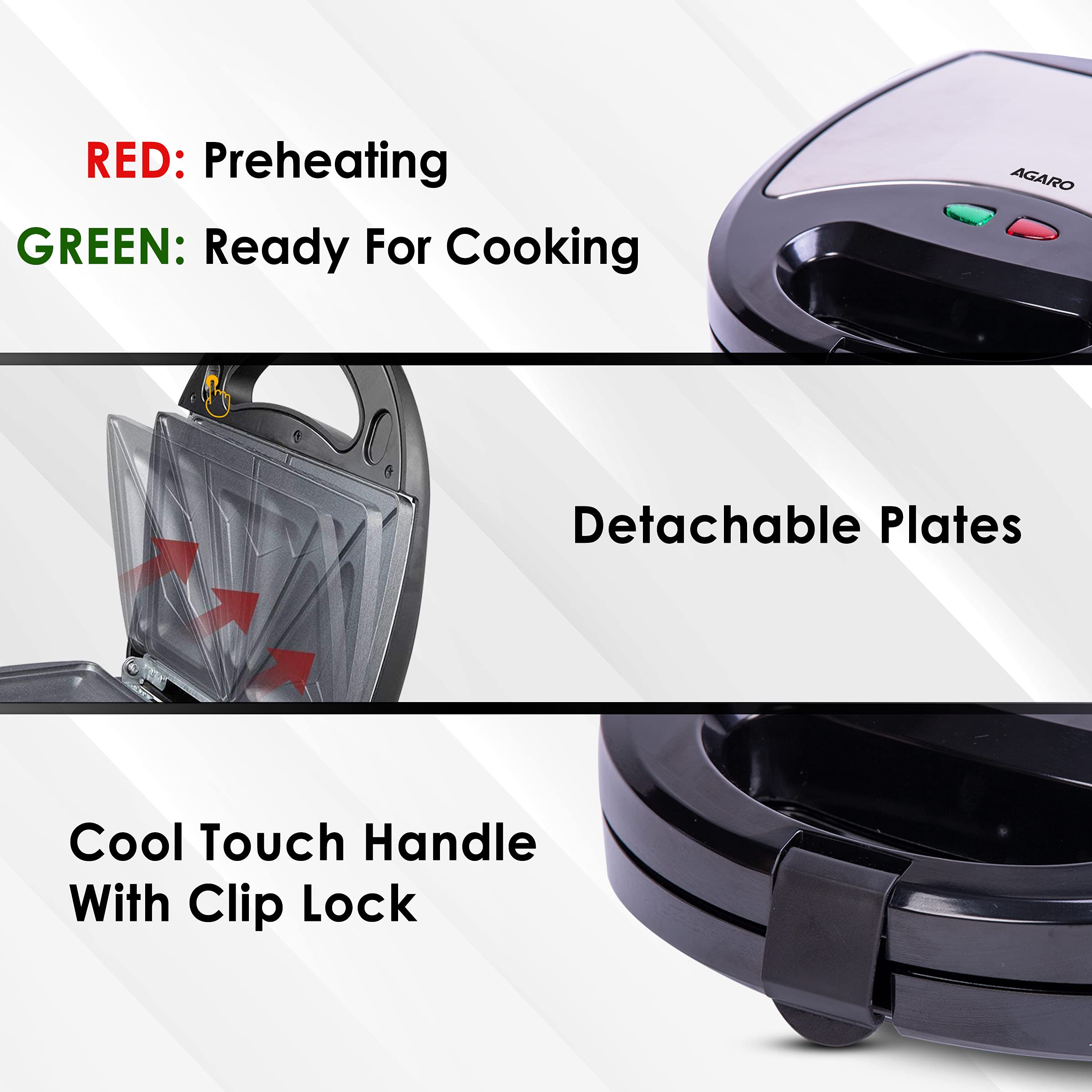 AGARO Regal 750 Watts 3-In-1 Sandwich Maker, Easy Detachable Non-Stick Plates For Sandwich, Grill & Waffle, 2 Slice, Steel