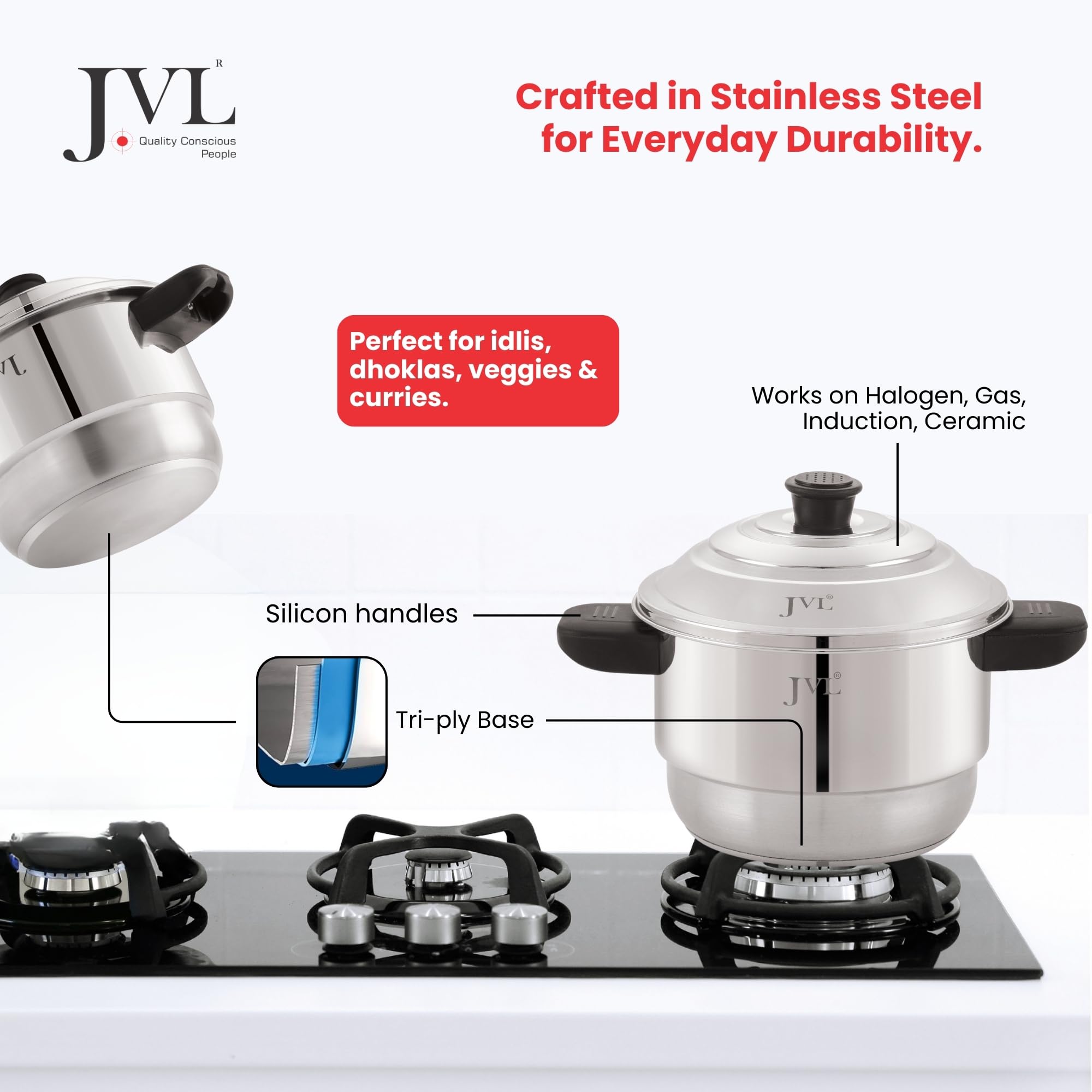 JVL Sambar Idly Maker Triply Base 4 Plates Mini idly Maker