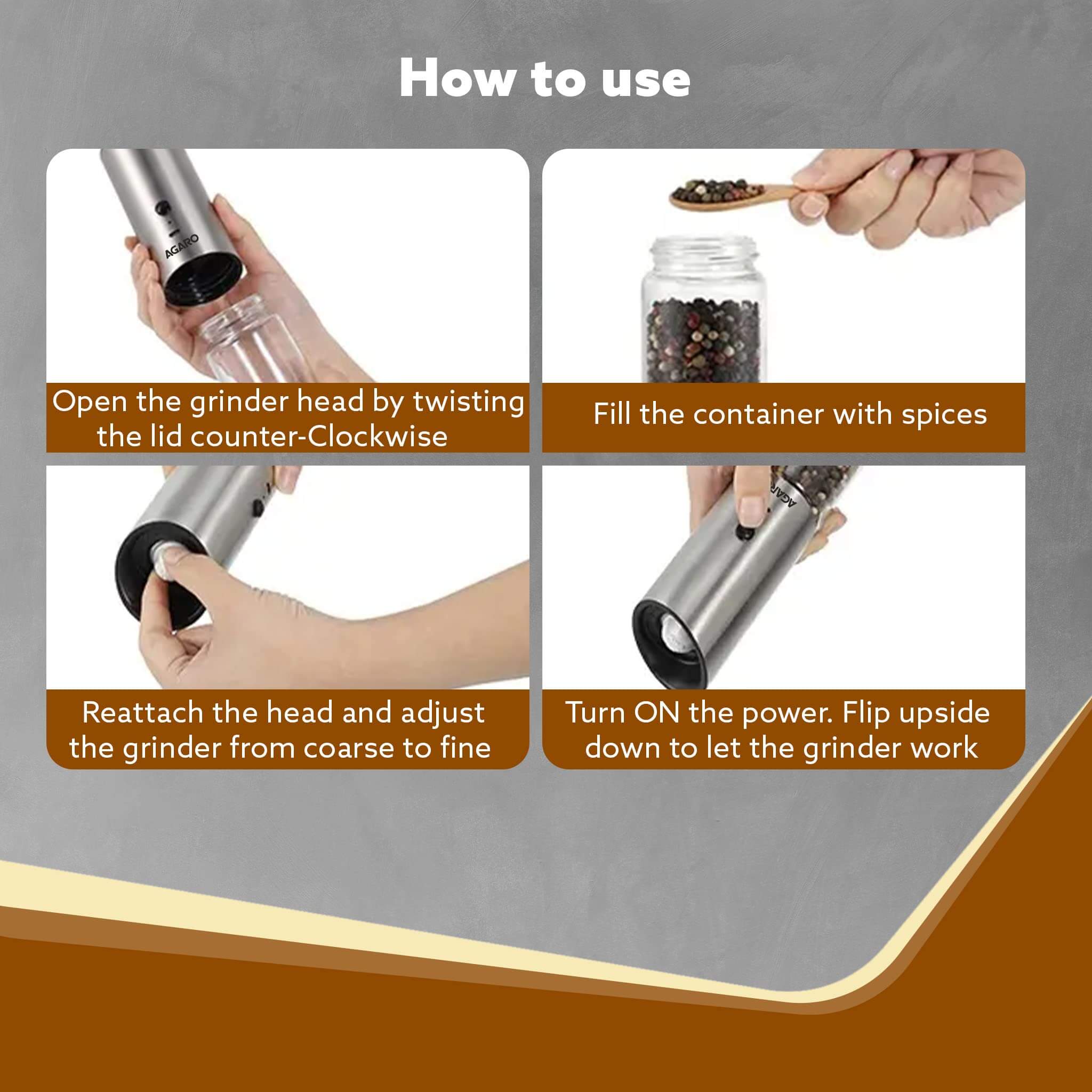 AGARO Gravity Automatic Salt Pepper Grinder Rechargeable Stainless Steel Mill