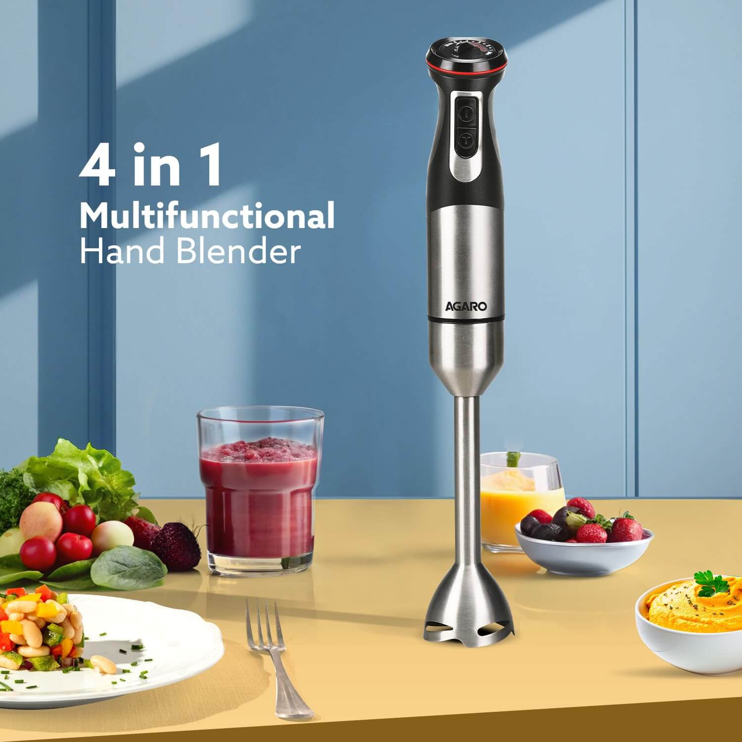 AGARO Grand 1000W Hand Blender Set with Chopper, Beaker & Whisker - Stainless Steel Blades, Speed Regulator (Black)