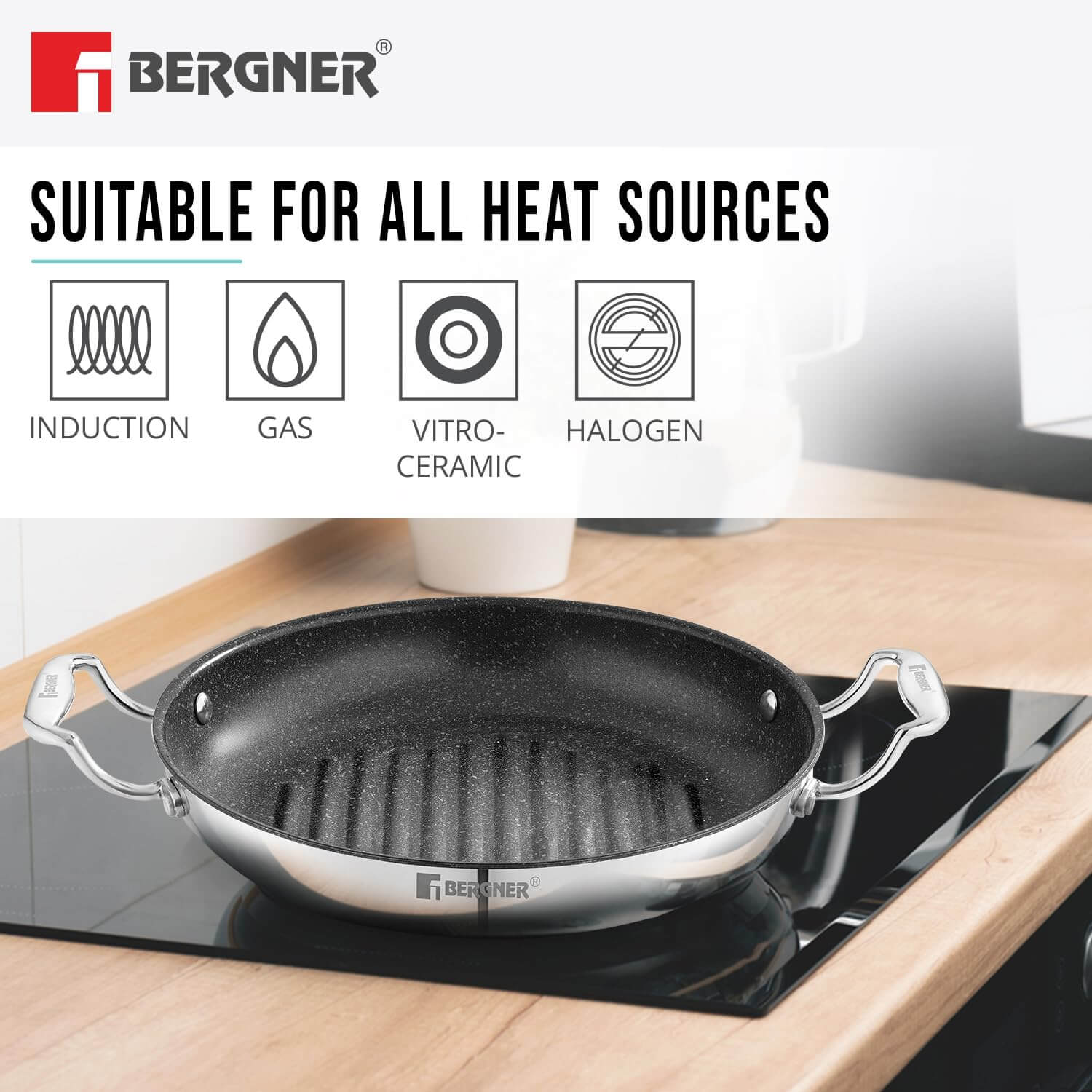 BERGNER Argent Samsara 26cm Grill Pan – Tri-Ply Stainless Steel with Quantanium Non-Stick Coating