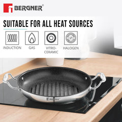 BERGNER Argent Samsara 26cm Grill Pan – Tri-Ply Stainless Steel with Quantanium Non-Stick Coating