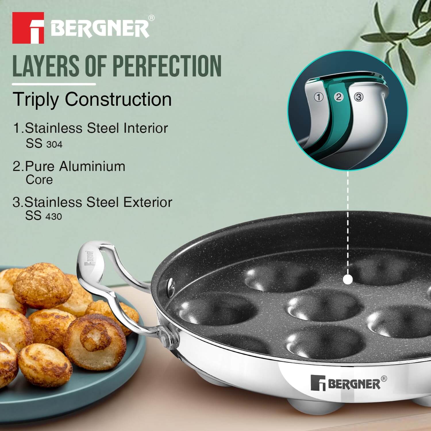 Bergner Argent Samsara Triply Stainless Steel Paniyarakkal 25cm (11 Pits) – Non-Stick, Induction Compatible