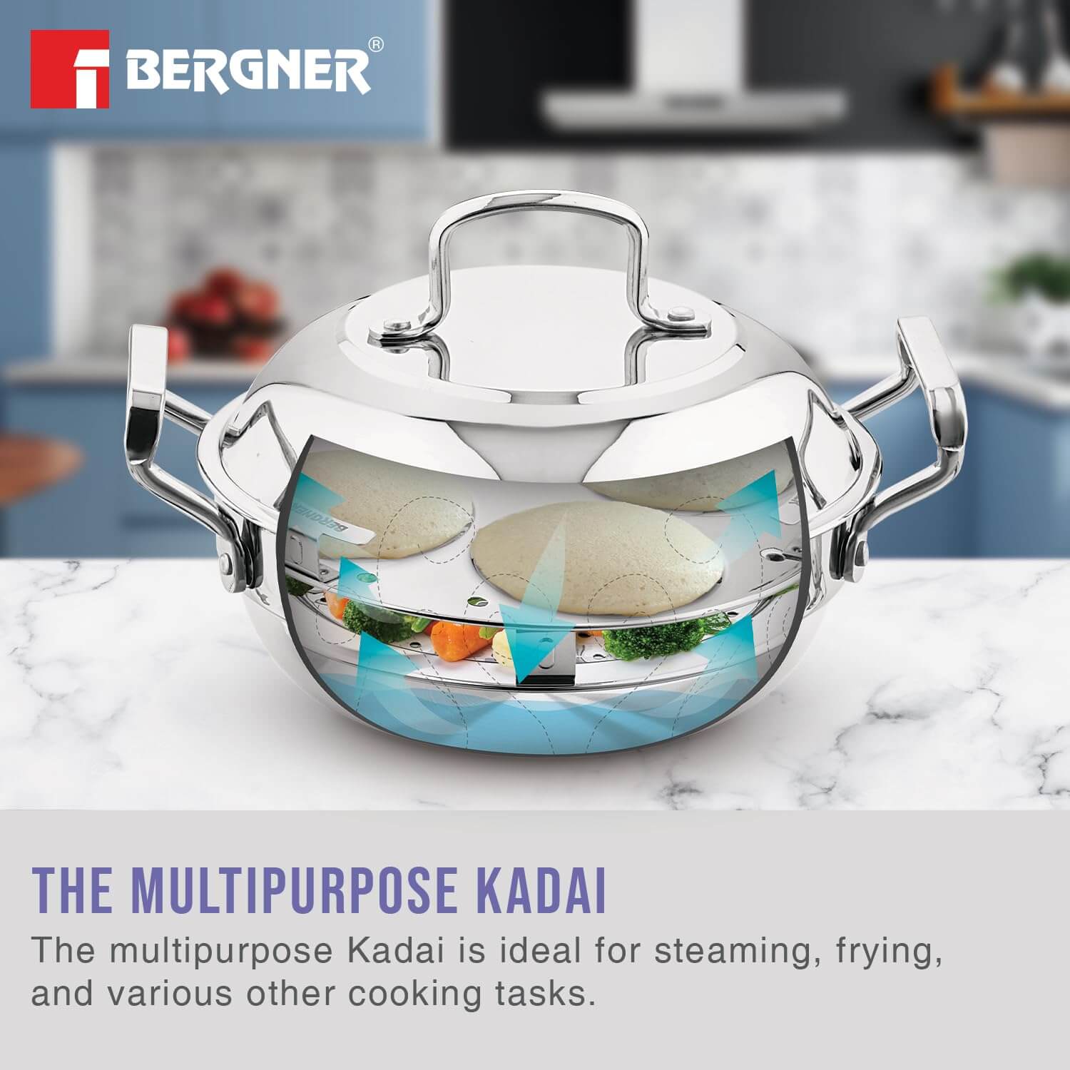 BERGNER BE Essentials Triply 21cm Multi Kadai Set - Idli Appam Steamer Induction Compatible