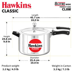 Hawkins Classic 8L Aluminium Inner Lid Pressure Cooker, Silver (CL8W)
