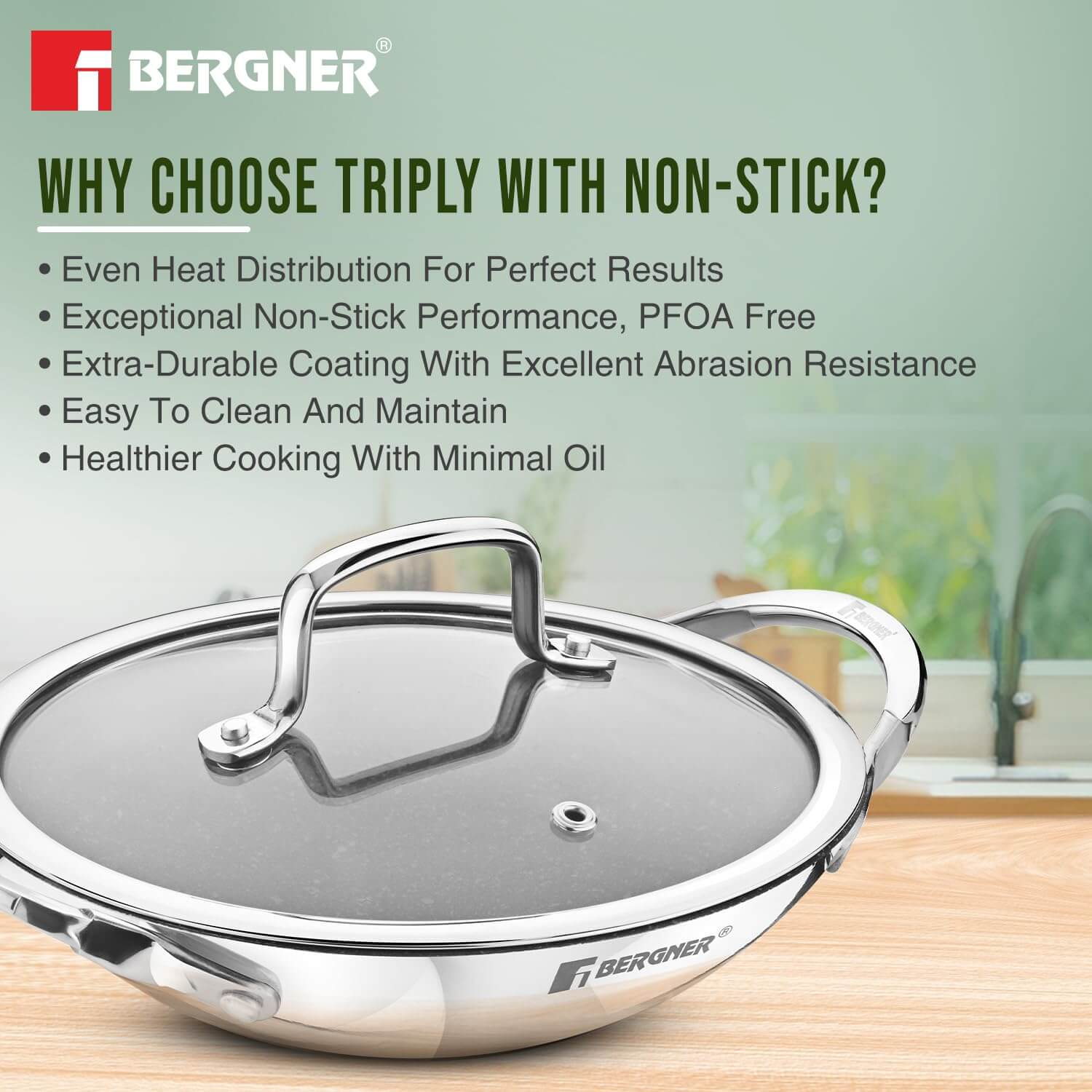 Bergner Argent Samsara Triply Stainless Steel Appachetty 21cms with Glass Lid