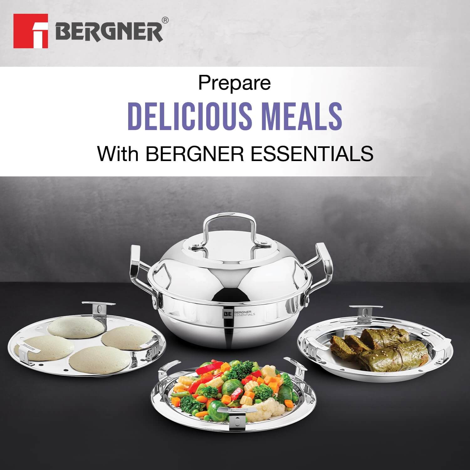 BERGNER BE Essentials Triply 21cm Multi Kadai Set - Idli Appam Steamer Induction Compatible