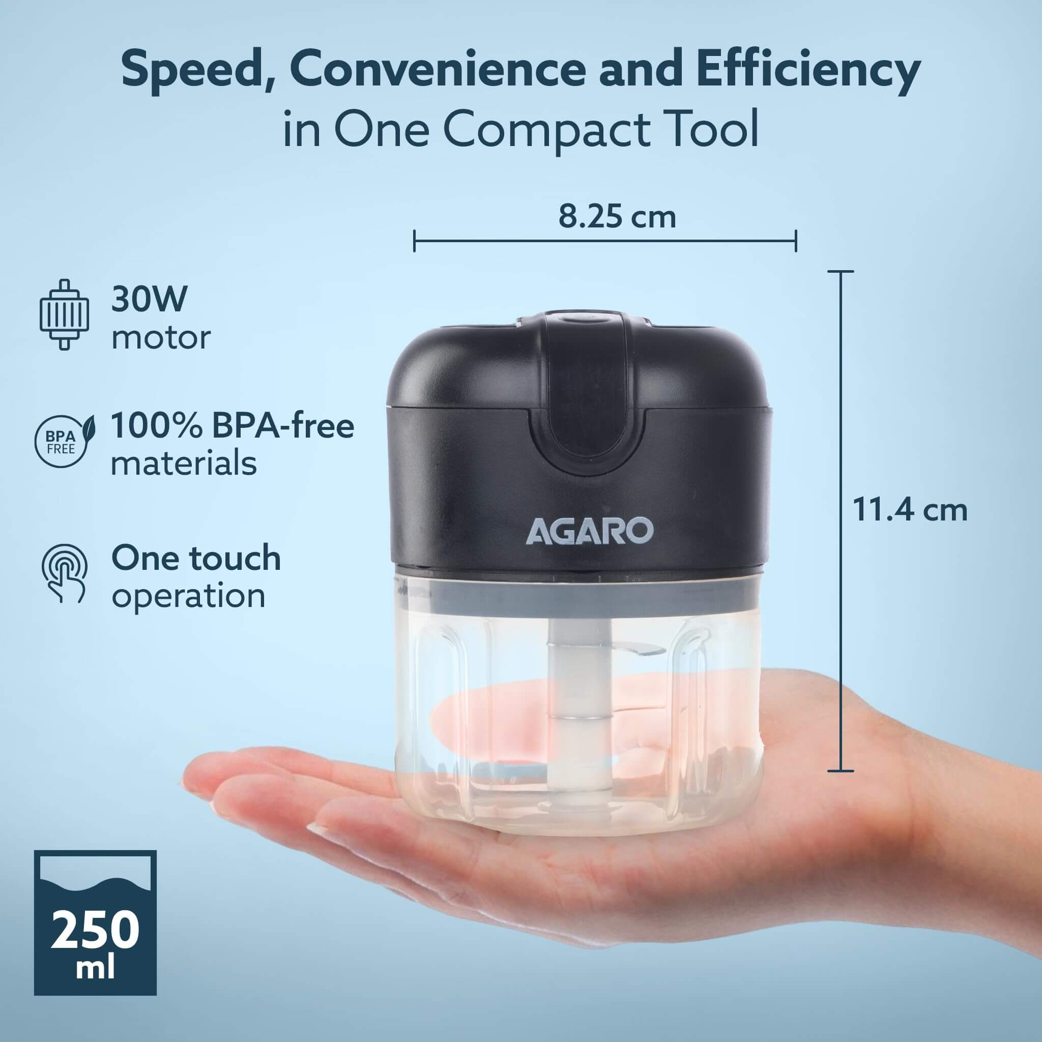 AGARO Elite Rechargeable Mini Electric Chopper | 250ml BPA-Free Food-Grade Bowl | Stainless Steel Blades
