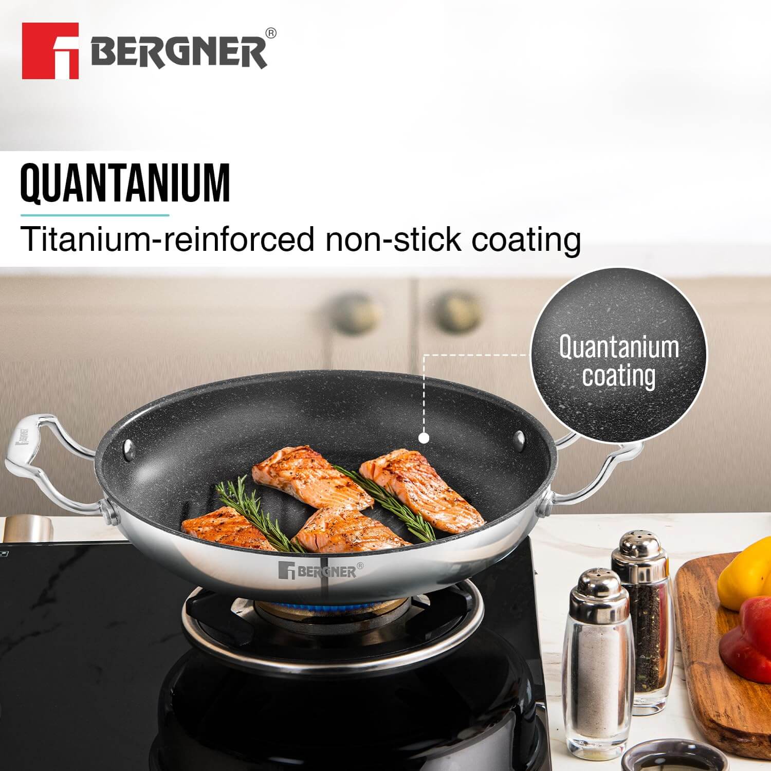 BERGNER Argent Samsara 26cm Grill Pan – Tri-Ply Stainless Steel with Quantanium Non-Stick Coating