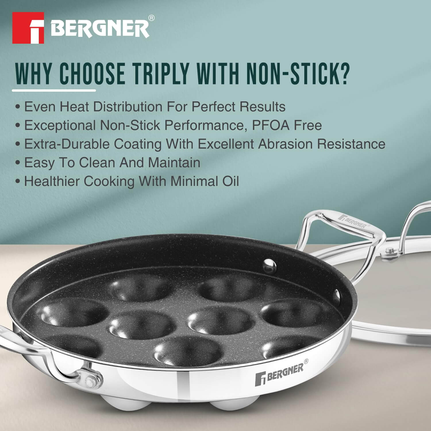 Bergner Argent Samsara Triply Stainless Steel Paniyarakkal 25cm (11 Pits) – Non-Stick, Induction Compatible