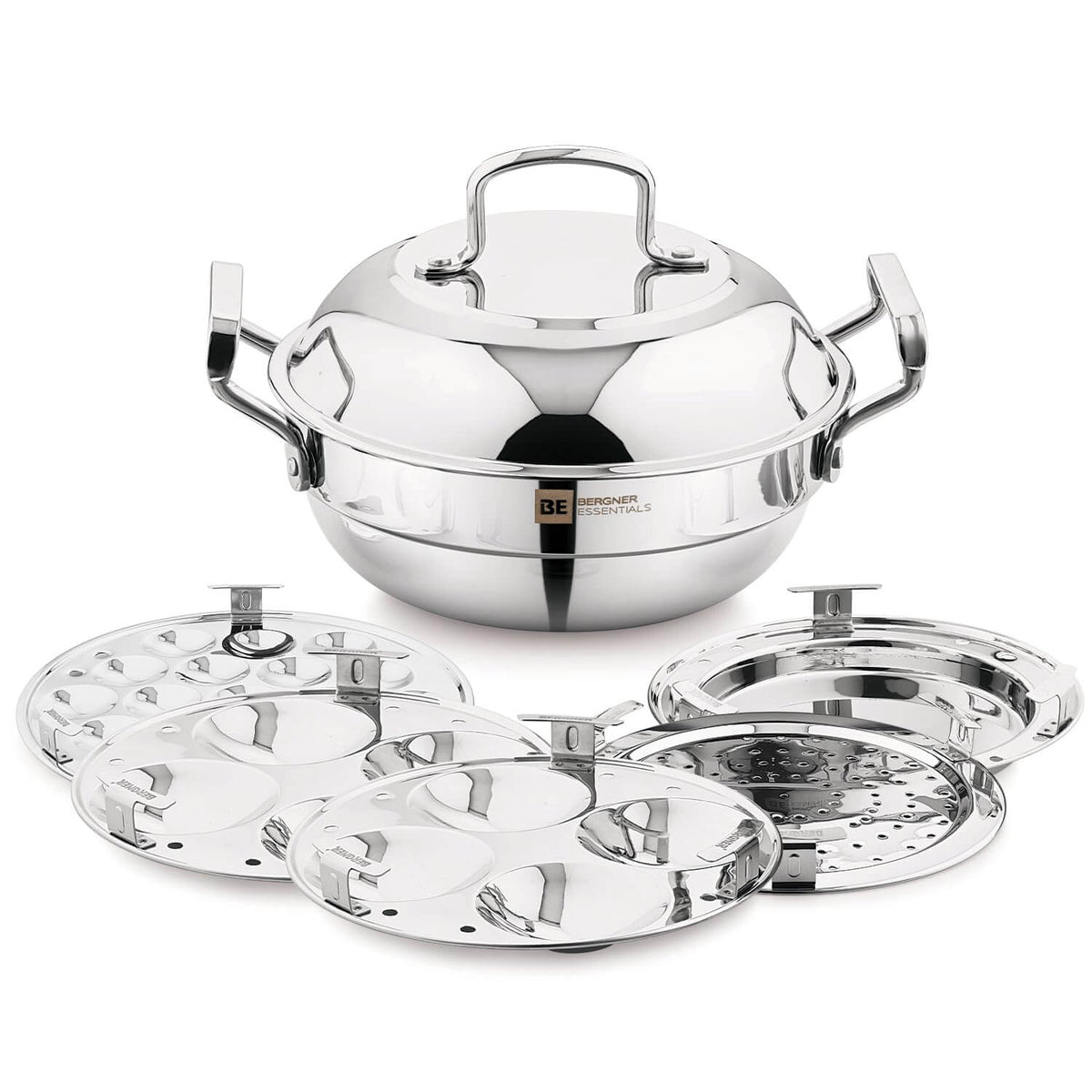 BERGNER BE Essentials Triply 21cm Multi Kadai Set - Idli Appam Steamer Induction Compatible