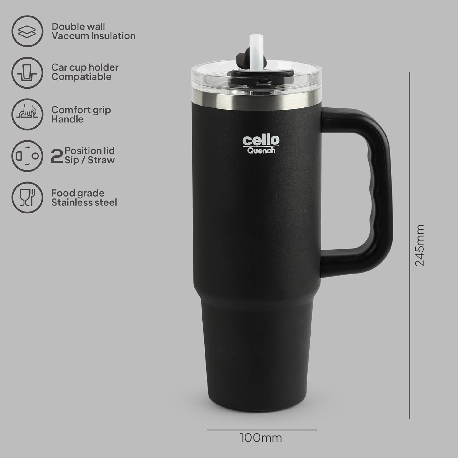 Cello Quench Insulated Stainless Steel Tumbler 550ml with Straw & Handle