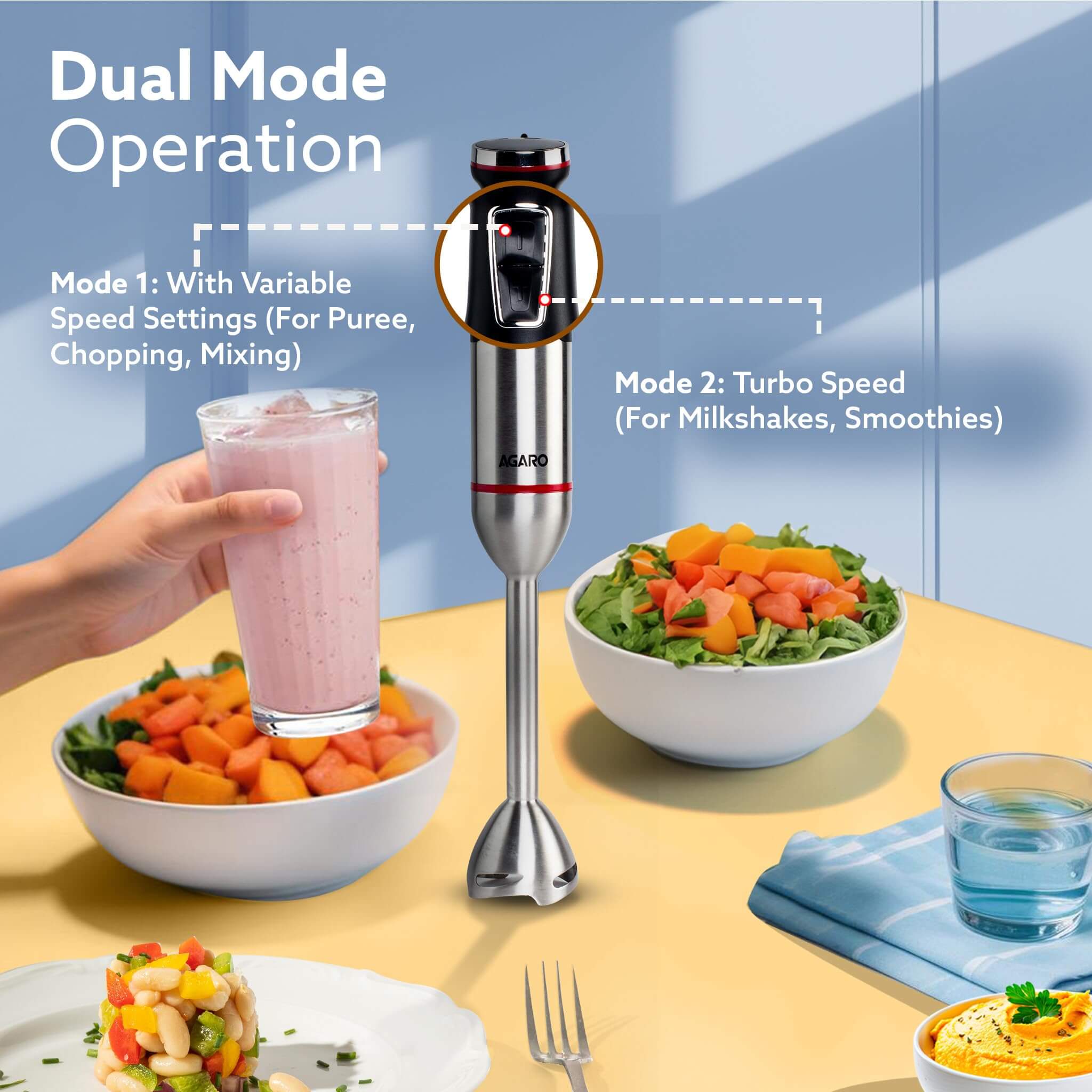 AGARO Royal 1500W Hand Blender Set with Chopper & Whisker - 20 Speed Settings with Copper Motor (Black)