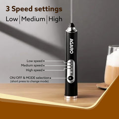 AGARO Royal 3-Speed Electric Milk Frother, Rechargeable, Stainless Steel