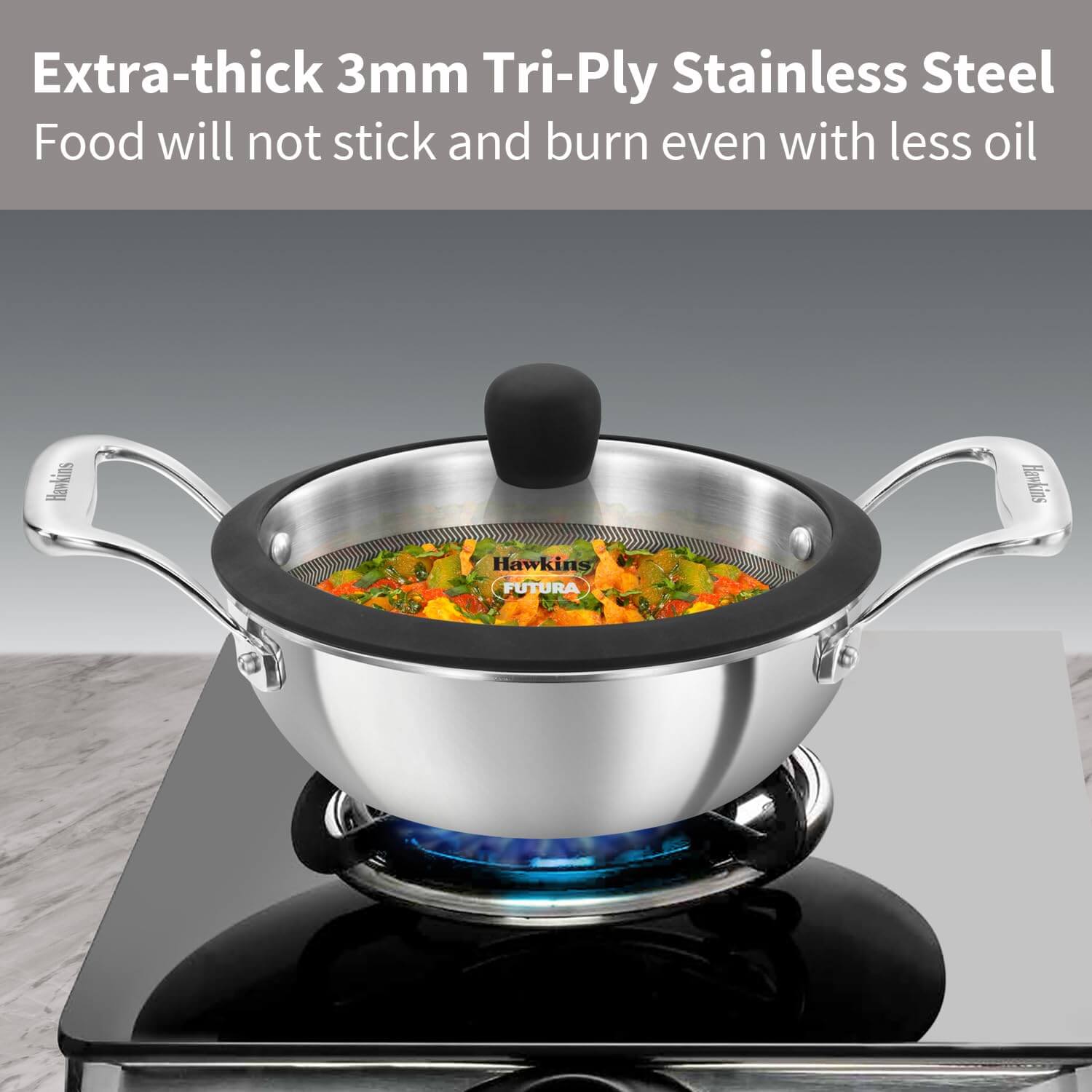 Hawkins Pro 1.5L Nonstick Triply Kadhai with Stainless Steel Handles & Glass Lid  PSNK15G