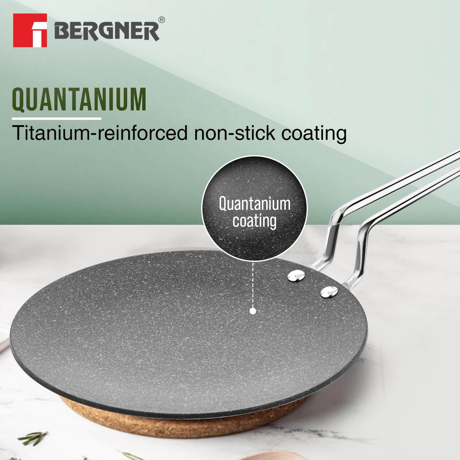 Bergner Argent Samsara 26cm Triply Stainless Steel Roti Tawa - Premium Non-Stick Coating, Induction Compatible
