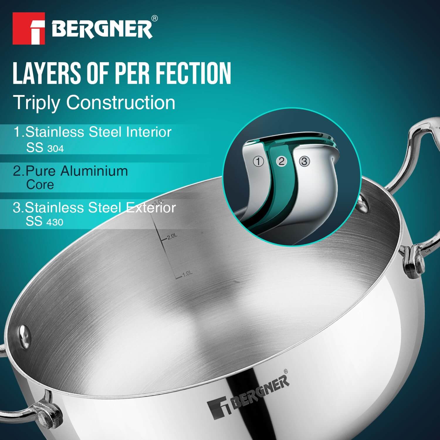 Bergner Argent Saira Saiba Triply Stainless Steel 3 Pcs Cookware Set - Multi Frypan, Casserole & Lid